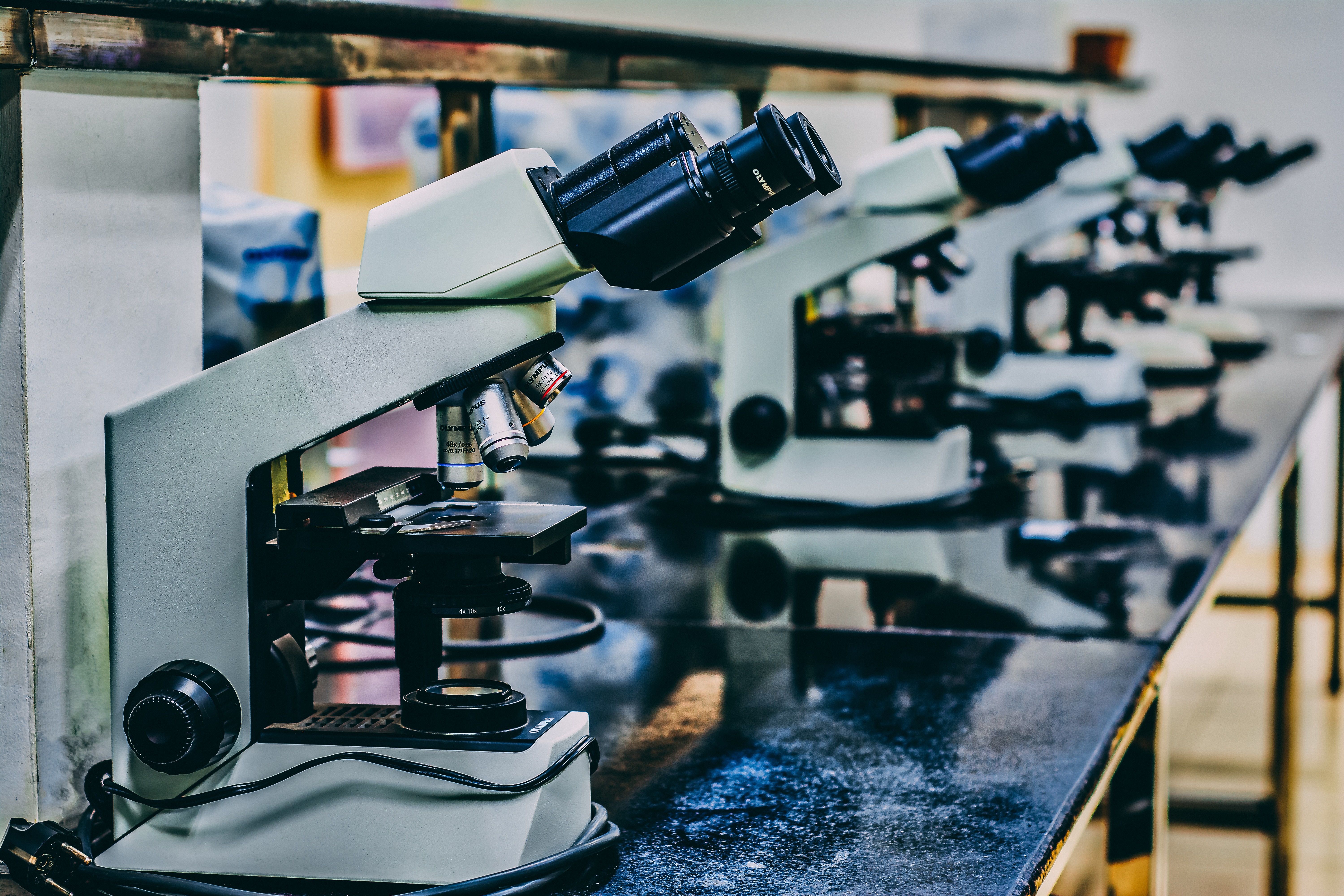 A row of scientific microscopes