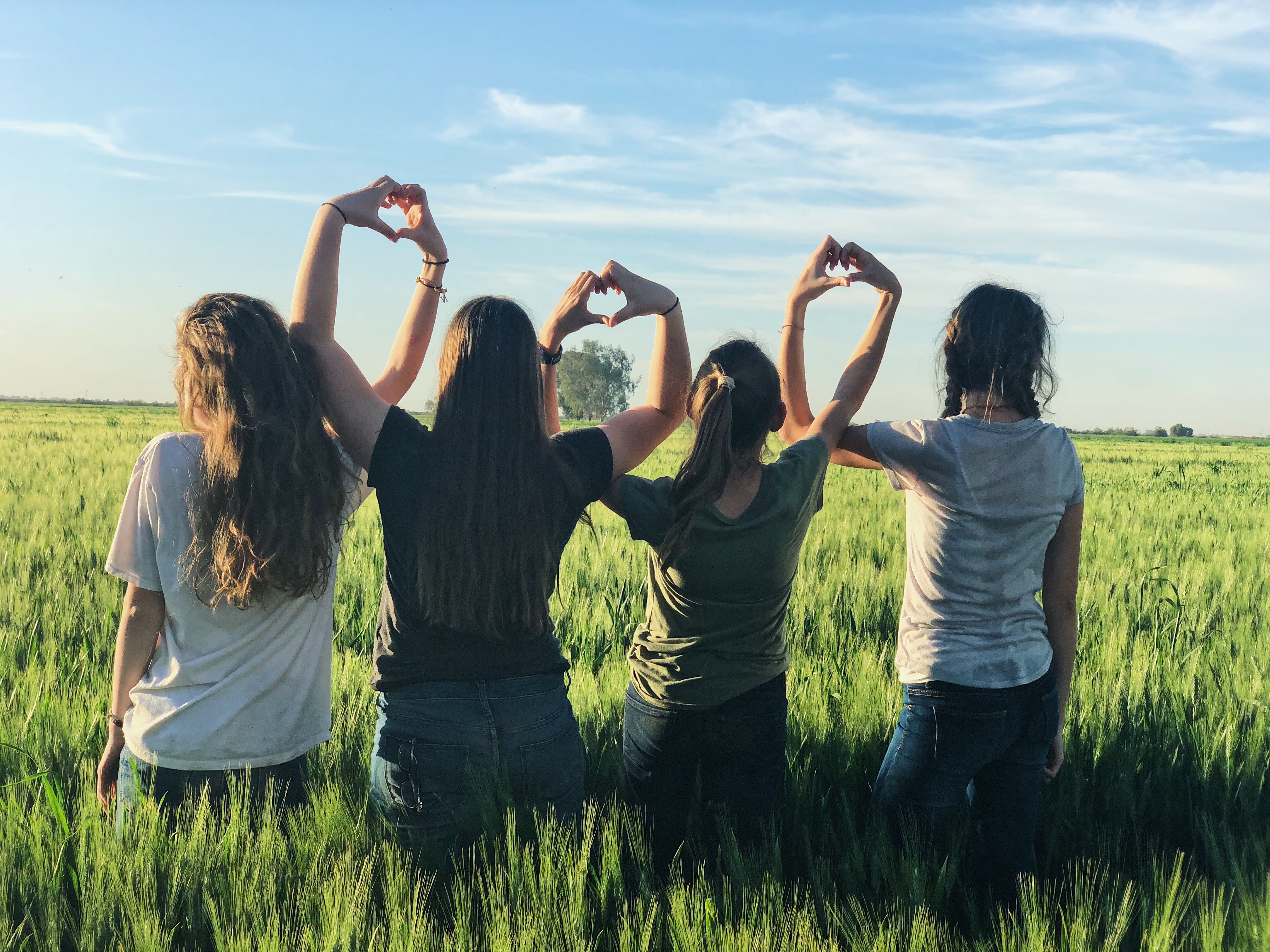 Four children sit in a field with their back to the camera, making hearts with their hands together. 