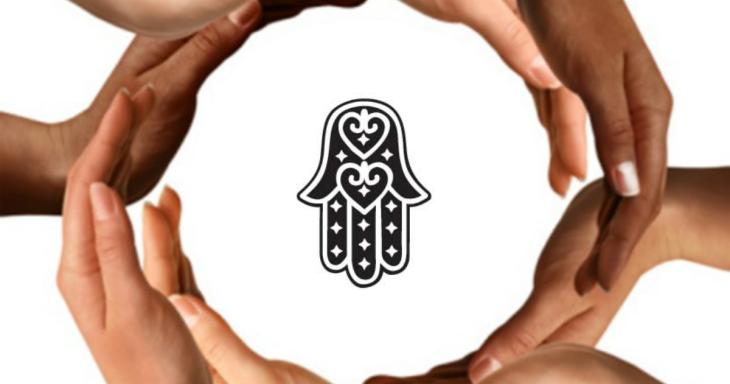 Diverse hands surrounding a Hamsa