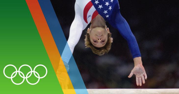 Kerri Strug Vaulting with the Olympics logo on the side of the image