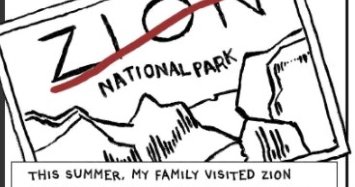 Member of Two Tribes Comic Image from National Parks with the word Zion crossed out and the native word Oawingwa written in red