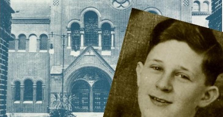 Young Fred Bachner in front of a synagogue 