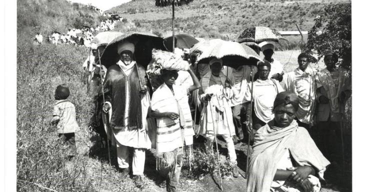 Black and white photo of people celebrating Sigd in Ethiopia