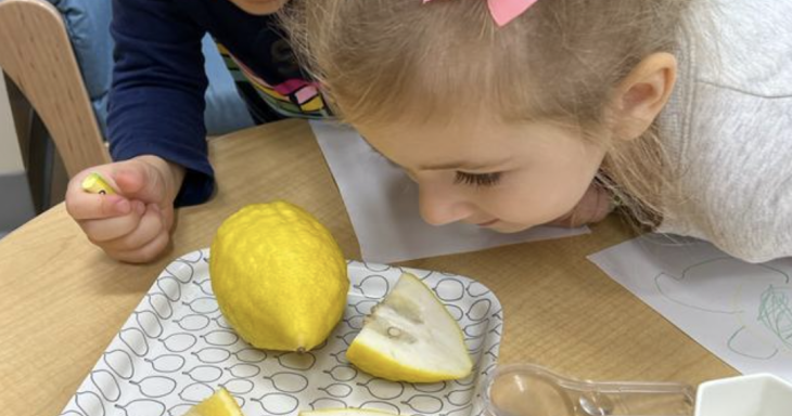 child looking at lemon