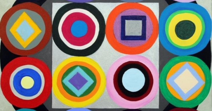 Multicolored drawing of 16 circles with different shapes