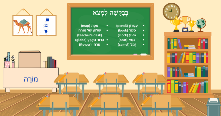 Picture of classroom with traditional classroom items labeled to find in Hebrew.