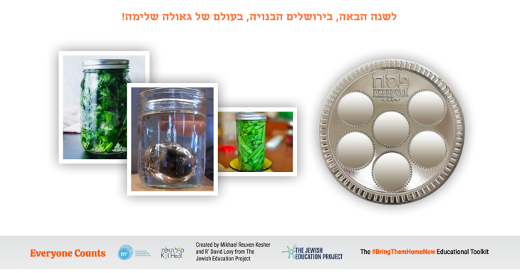 A seder plate, with seder items hidden in jars like the afikoman, as part of the ritual in this resource.