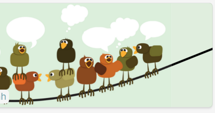 Cartoon birds sit on a wire with either beaks open or closed and word bubbles are above their heads