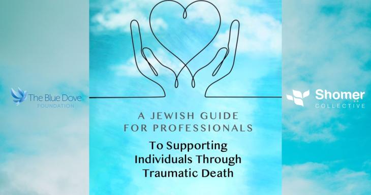 A bright blue sky background of the cover image with line art depicting a heart being held by hands, with text reading: A Jewish guide for professionals to supporting individuals through traumatic death. Logos are included on the sides by The Blue Dove Foundation and Shomer Collective.