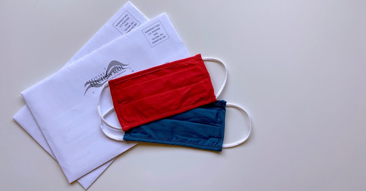 Civic and Civil Engagement image with a blue and red mask and absentee ballot envelopes
