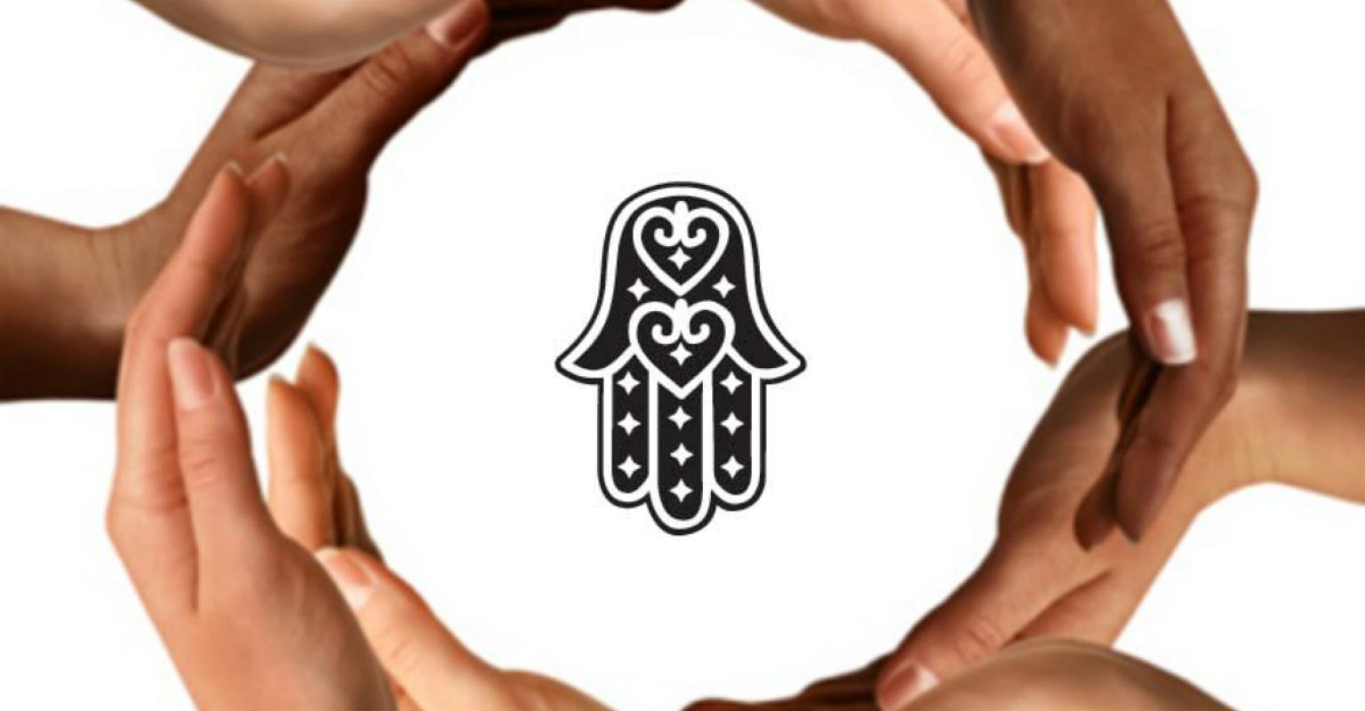 Diverse hands surrounding a Hamsa