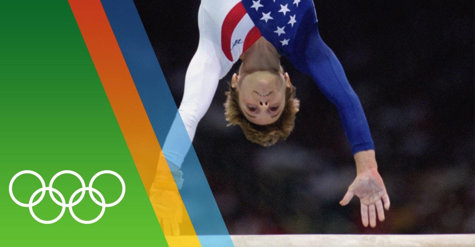 Kerri Strug Vaulting with the Olympics logo on the side of the image