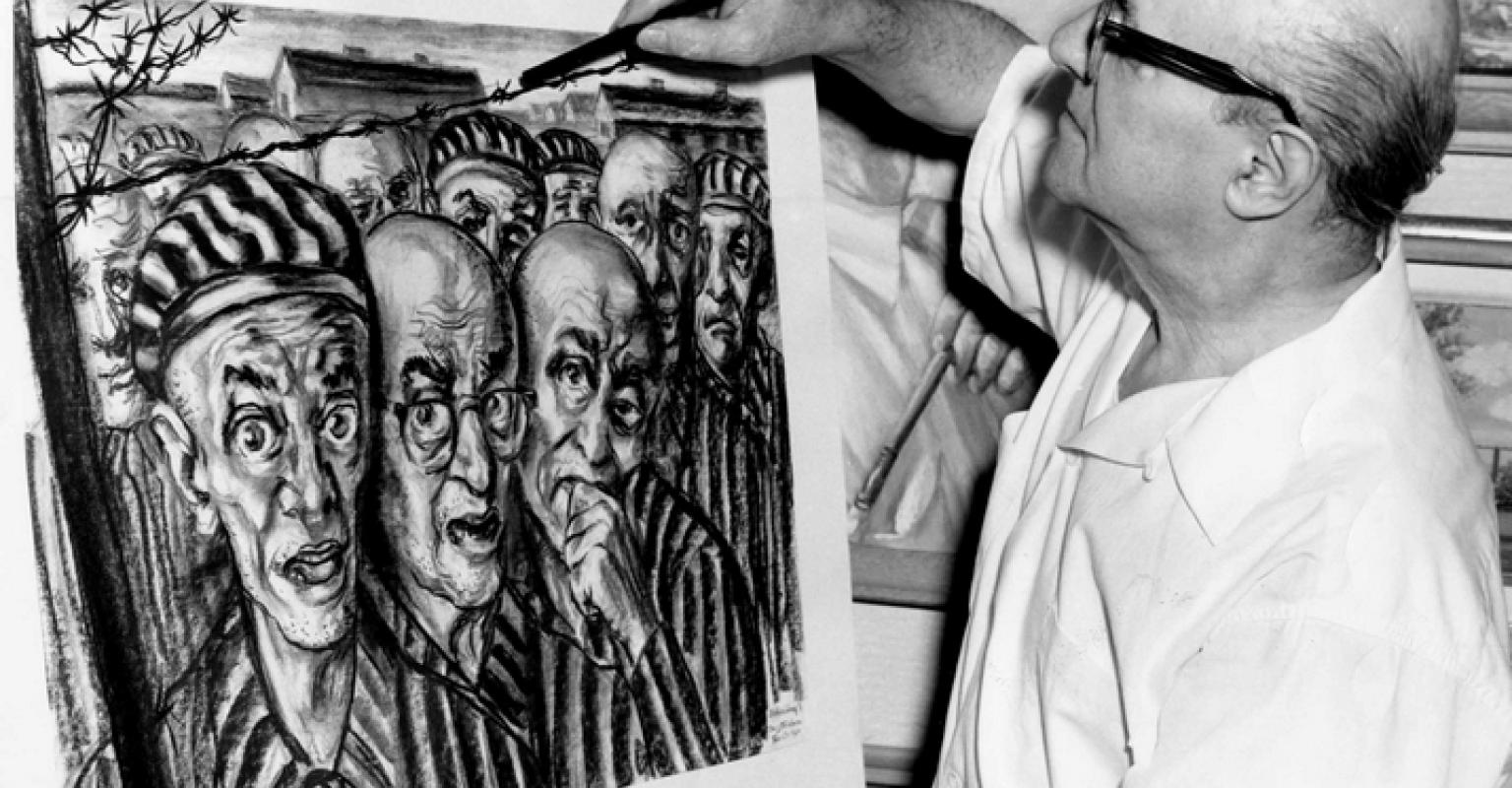Artist David Friedmann with a drawing