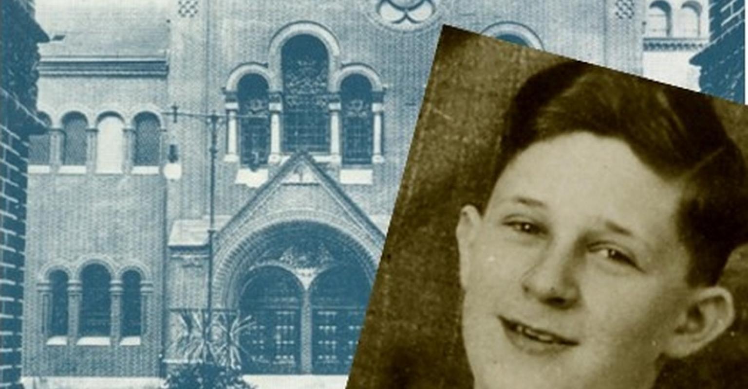 Young Fred Bachner in front of a synagogue