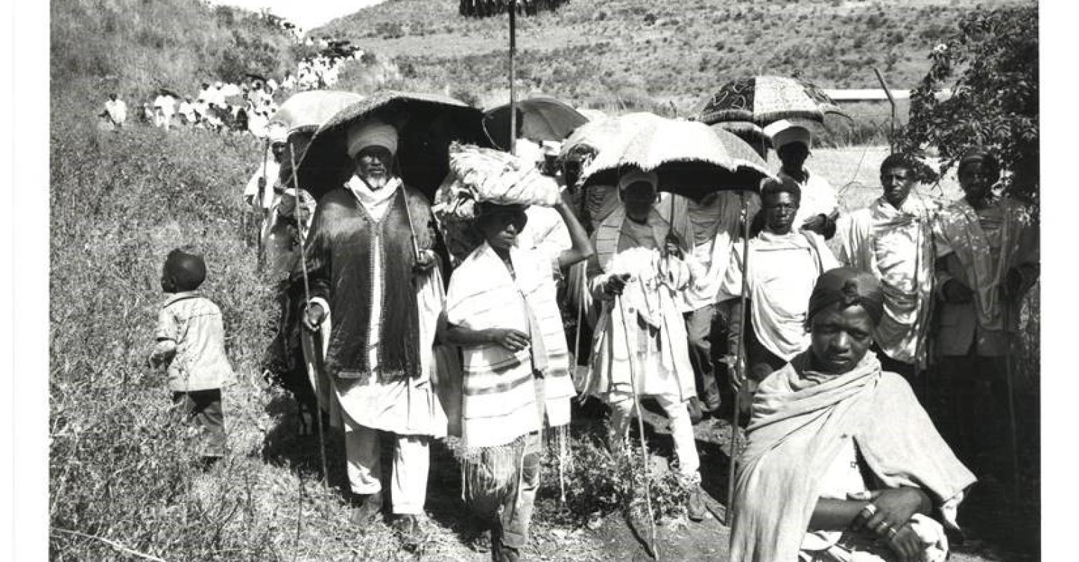 Black and white photo of people celebrating Sigd in Ethiopia