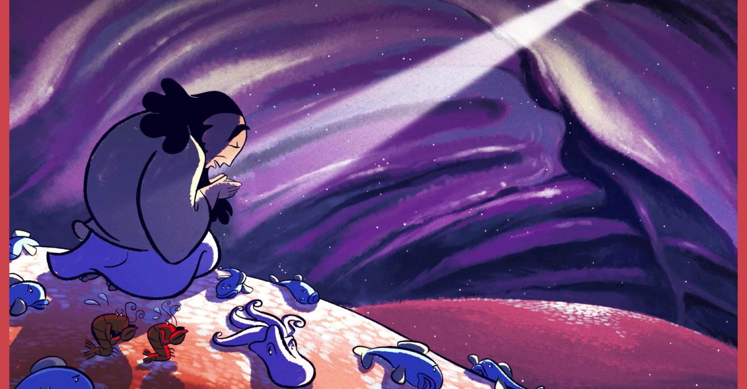 Drawing of Jonah praying in the belly of the whale