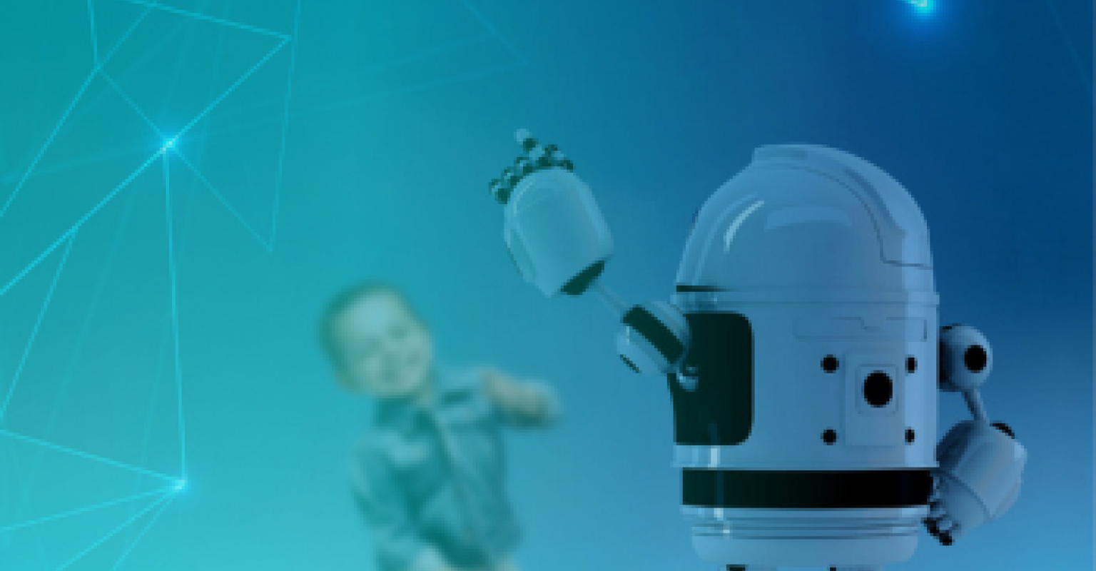A little boy waves to a robot