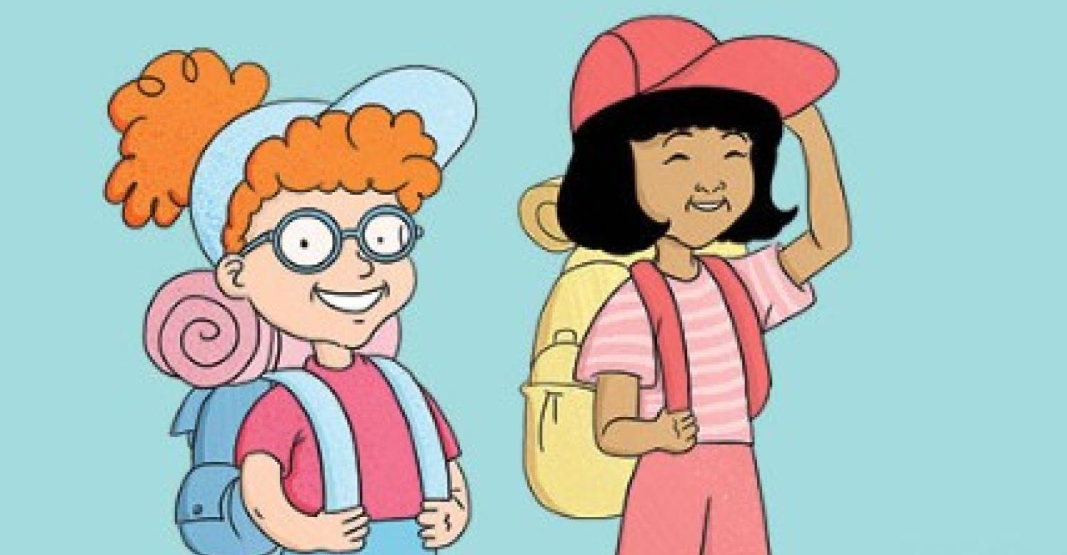 Two illustrated children on a hike