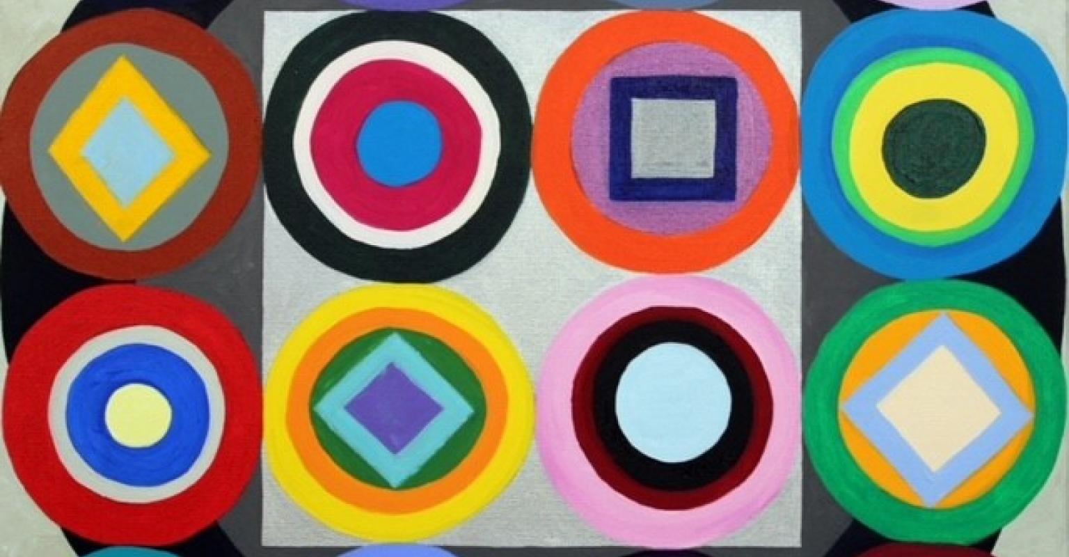 Multicolored drawing of 16 circles with different shapes