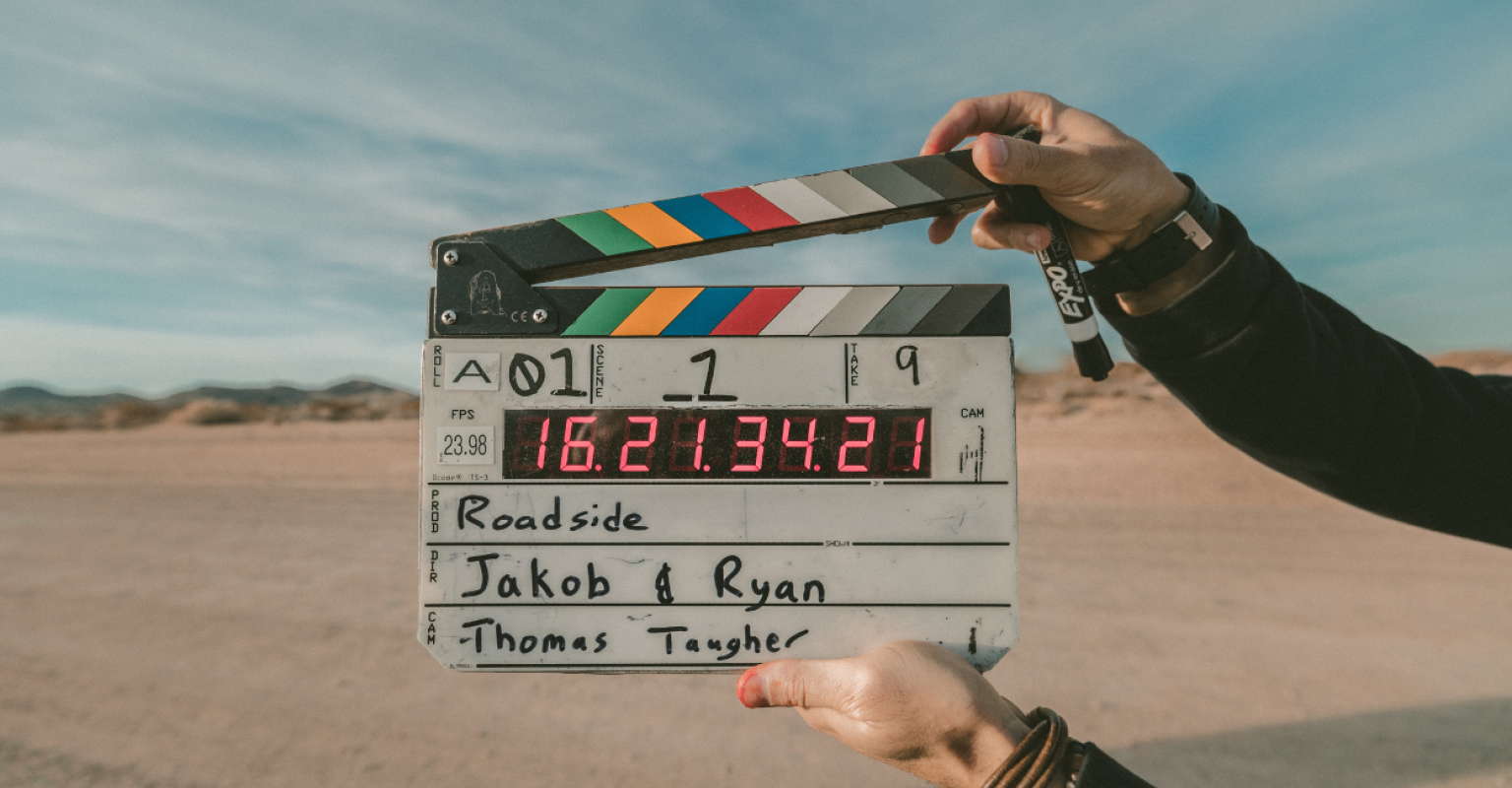 a clapperboard on film set