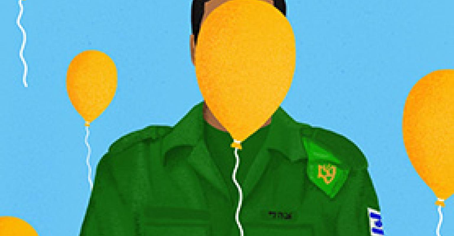 soldier with a yellow baloon covering his face