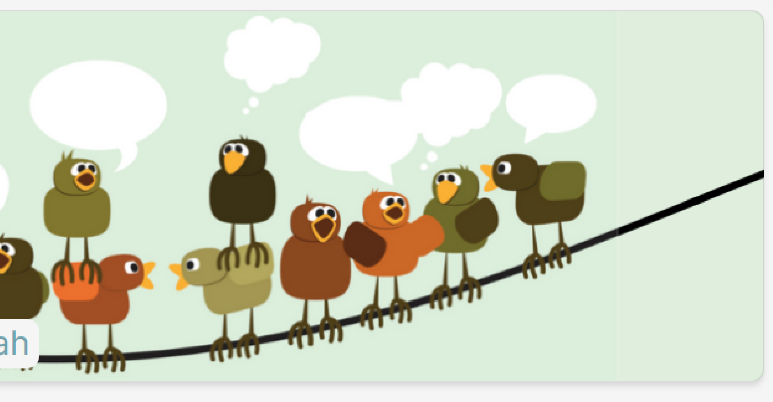 Cartoon birds sit on a wire with either beaks open or closed and word bubbles are above their heads