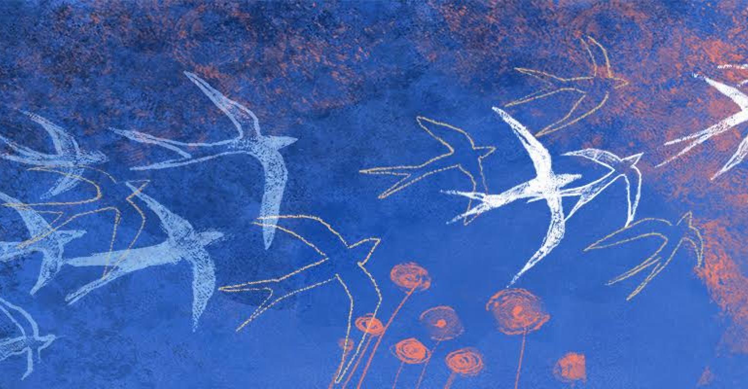 Doves fly toward the sun while anemones grow down below.