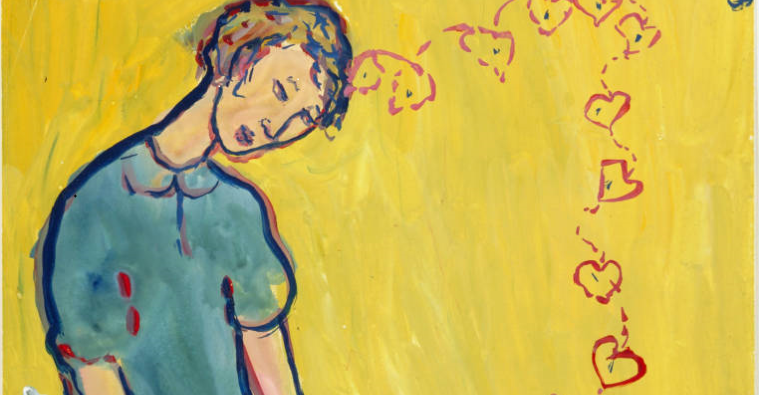 Painting by Charlotte Salomon showing a young girl crouching with hearts coming from her head.