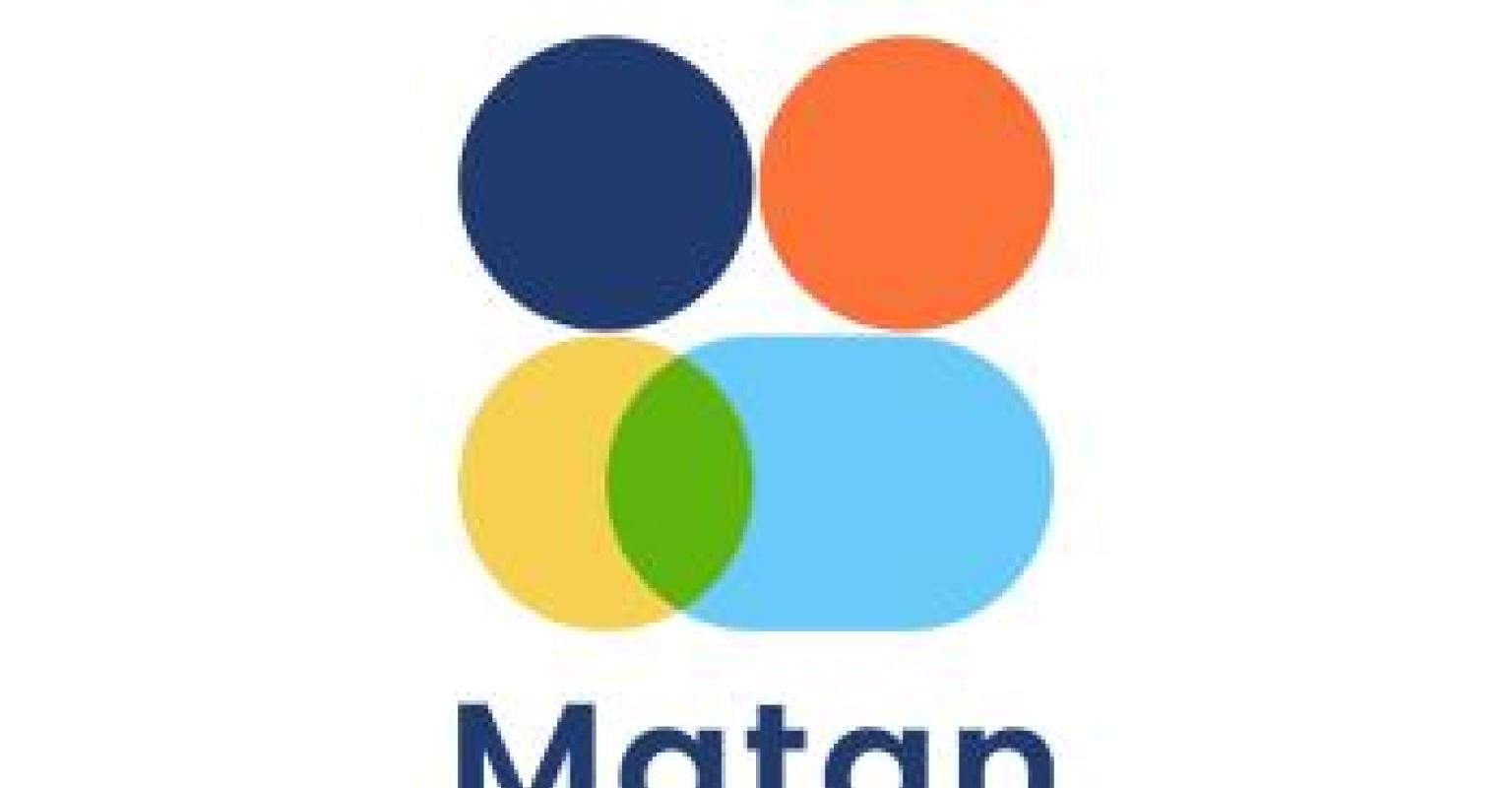 Matan Logo, 3 circles, yellow, navy, and oranges and one blue oval all interconnected with Matan written at the bottom in Navy.