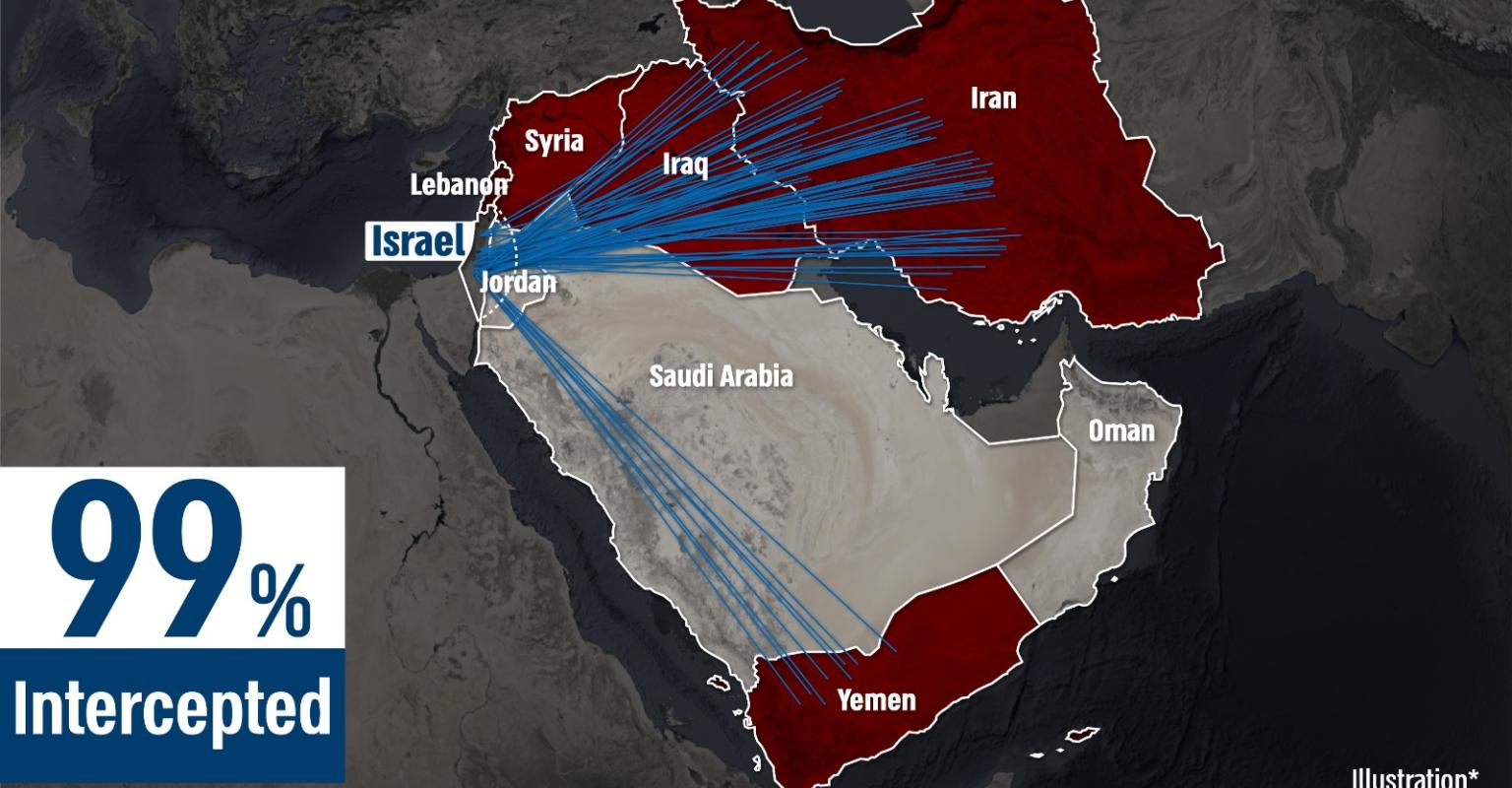A map shows the launch sites of the missiles and drones fired at Israel in April 2024, 99% of which were intercepted.