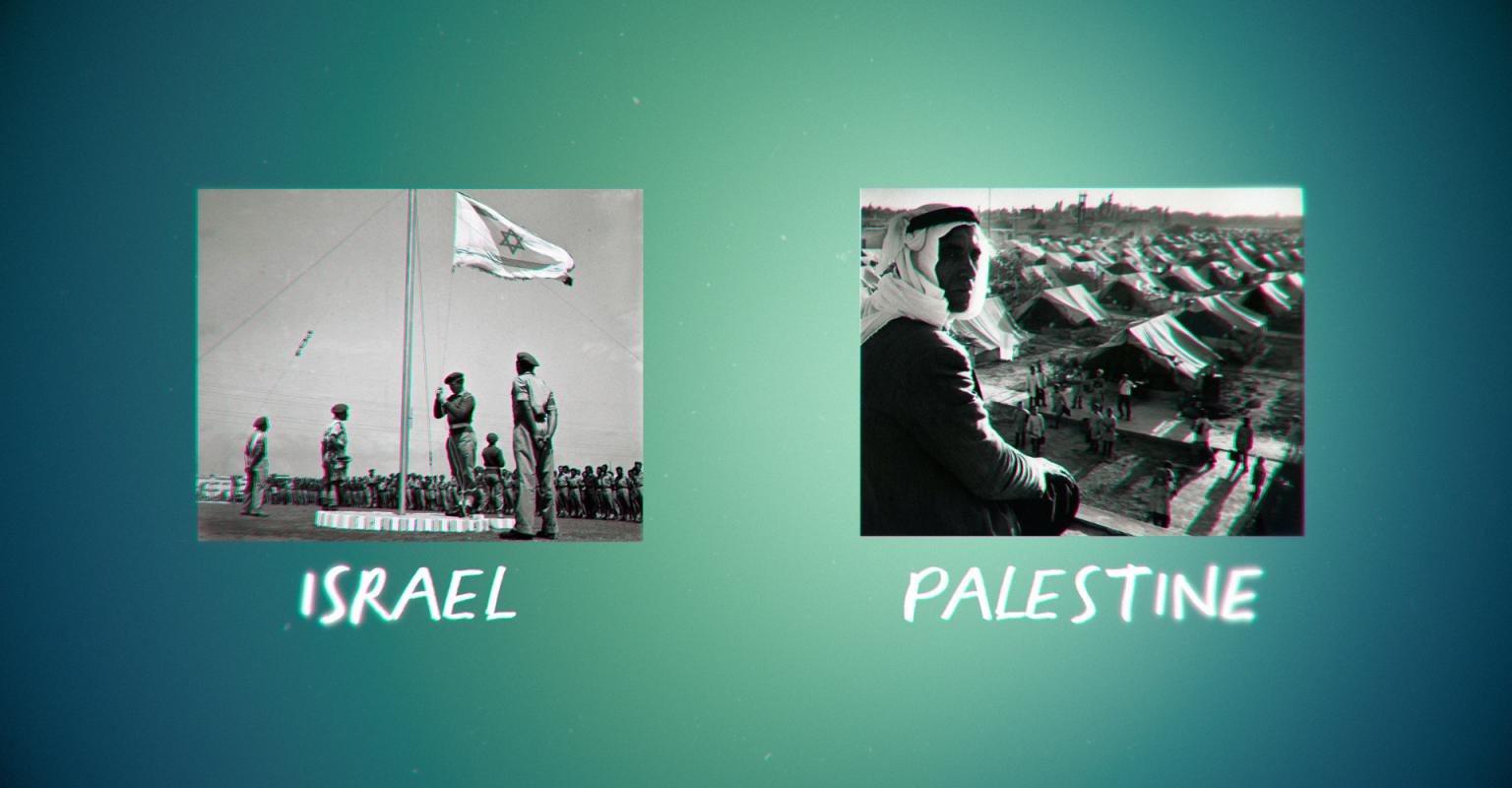 "Israel" with soldiers saluting an Israeli flag and "Palestine" with an Arab village