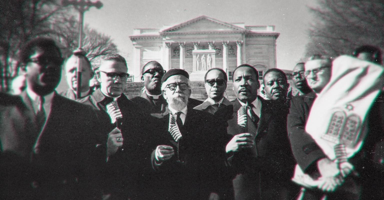 March on Washington for Jobs and Freedom in 1963. It features Dr. Martin Luther King Jr. alongside Rabbi Joachim Prinz, Rabbi Abraham Joshua Heschel