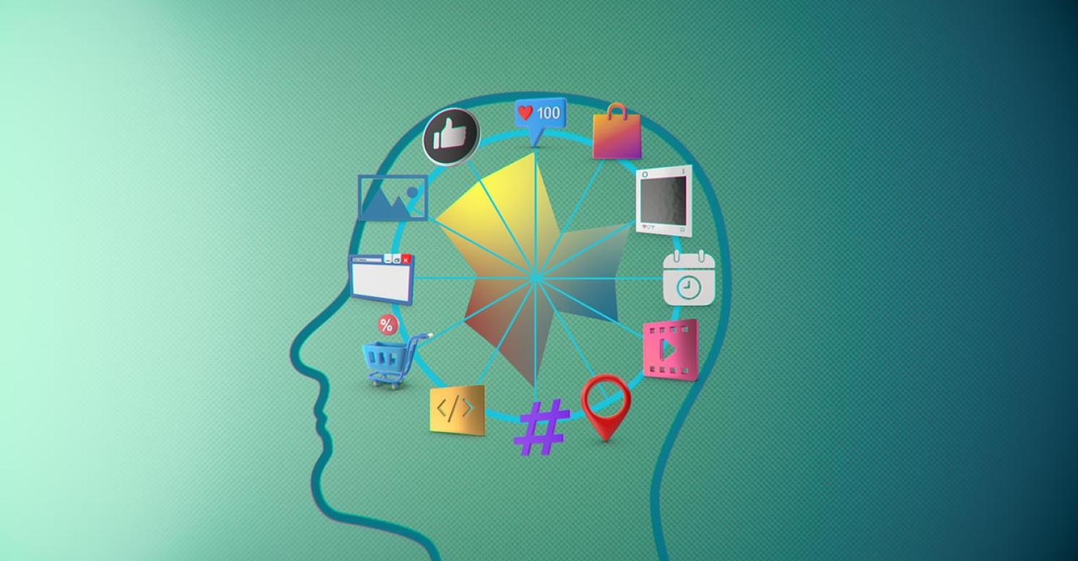 Silhouette of a head with media icons