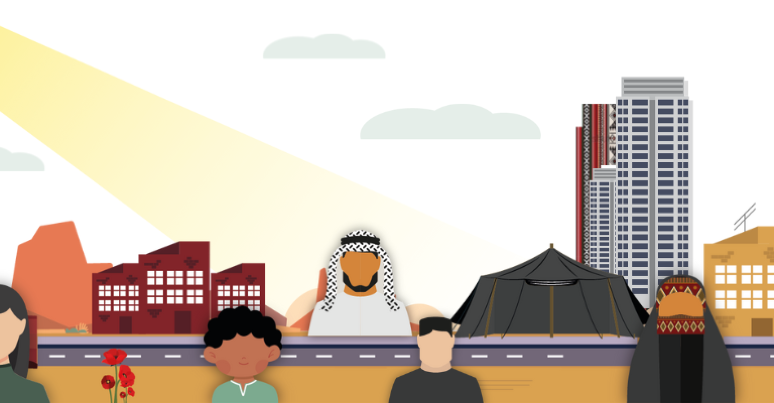 People, some dressed in traditional Bedouin clothing, on a road with tents and city buildings in the background