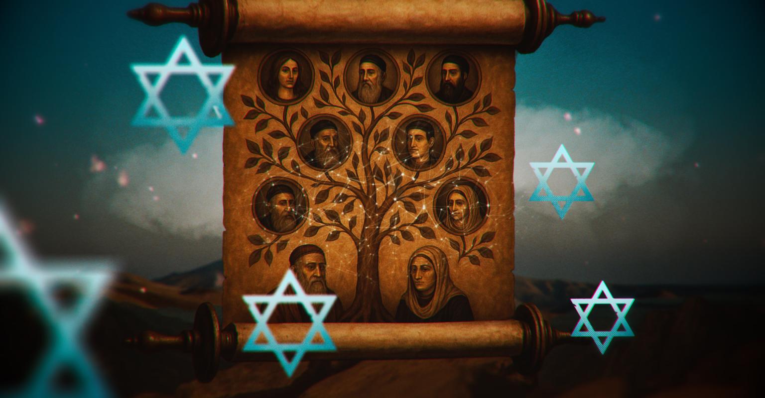 A worn scroll with faces of the ancient Jewish family tree
