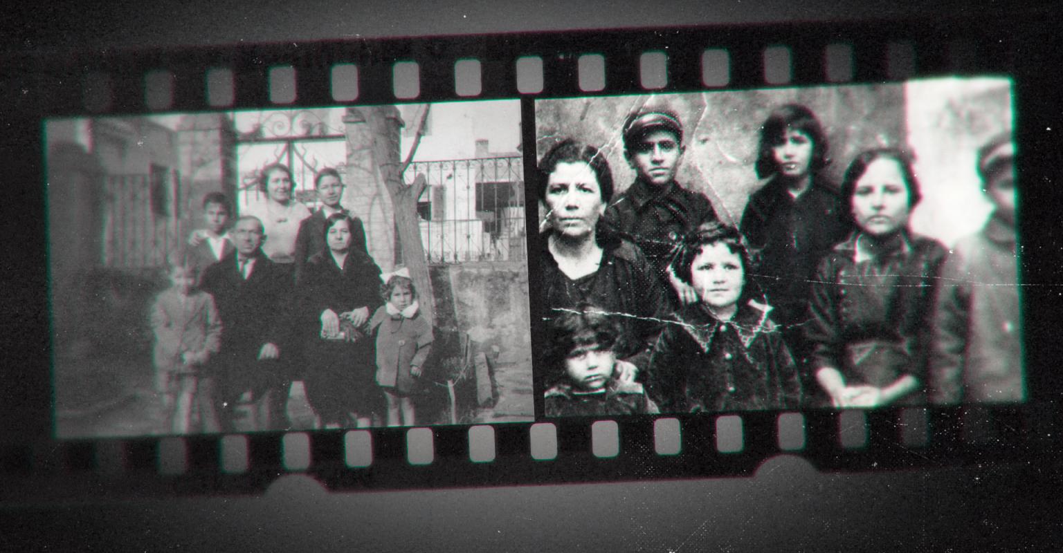 Film strip with black and white photos of families