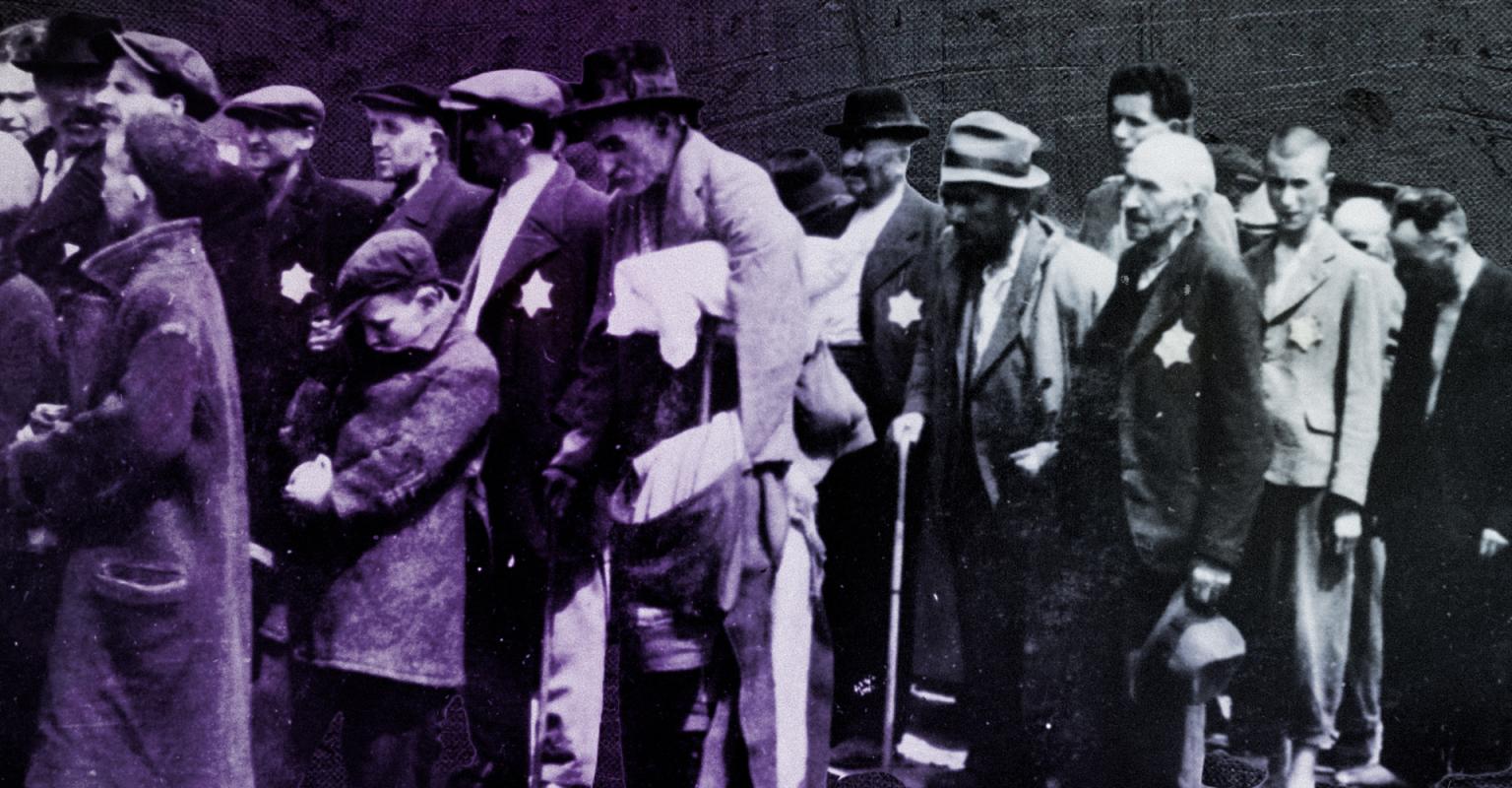 Men with yellow stars on their clothing waiting in line