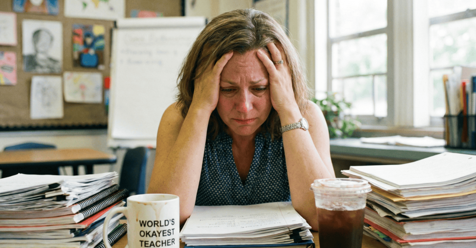 A teacher sits at her desk with her head in her hands