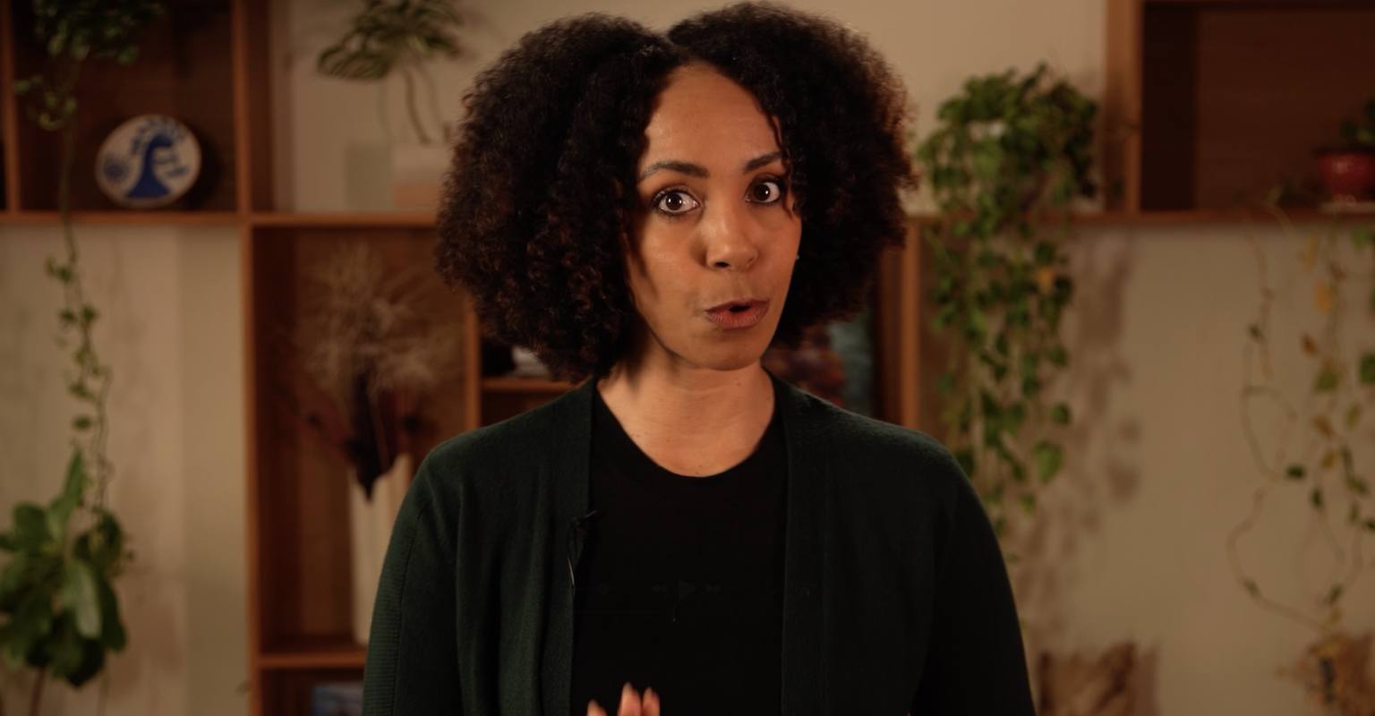 Female host mid-speech