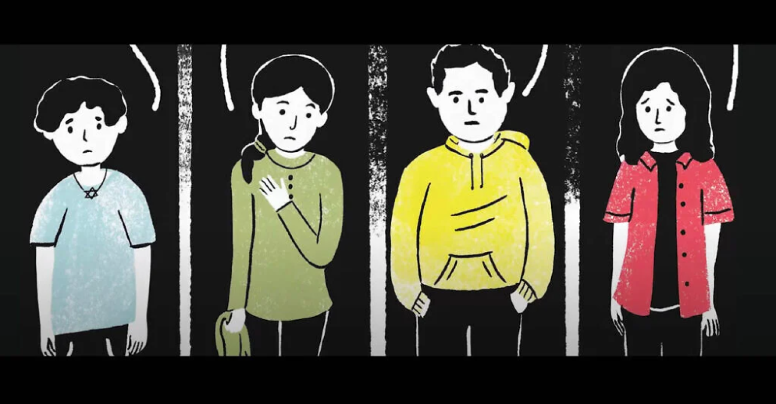 a cartoon of four children against a black background, two boys and two girls