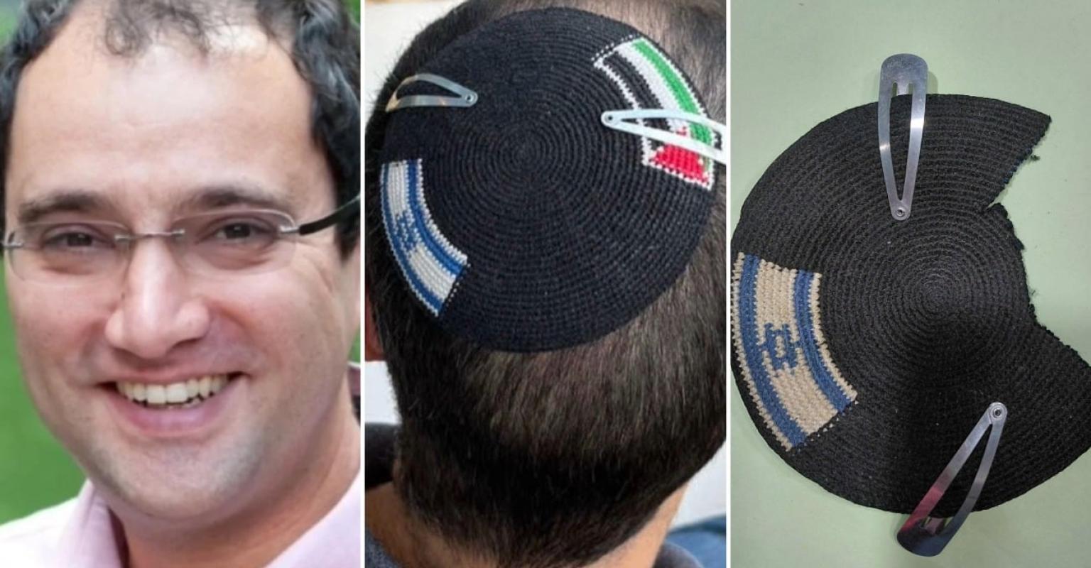 a panel of three images showing alex sinclair's headshot, his kippah with israeli and palestinian flags, and the palestinian flag ripped out