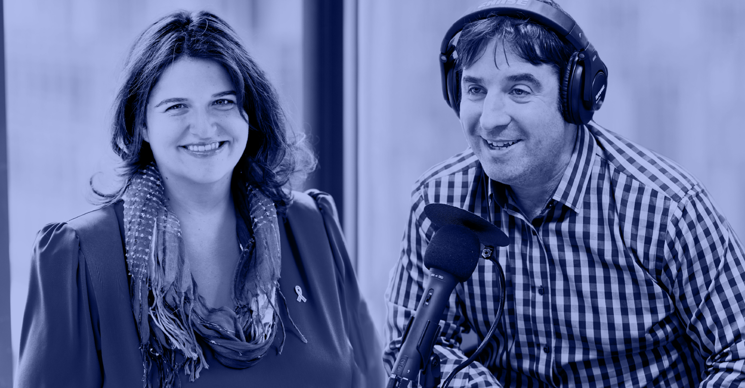 david and samantha talking into a mic with a blue overlay