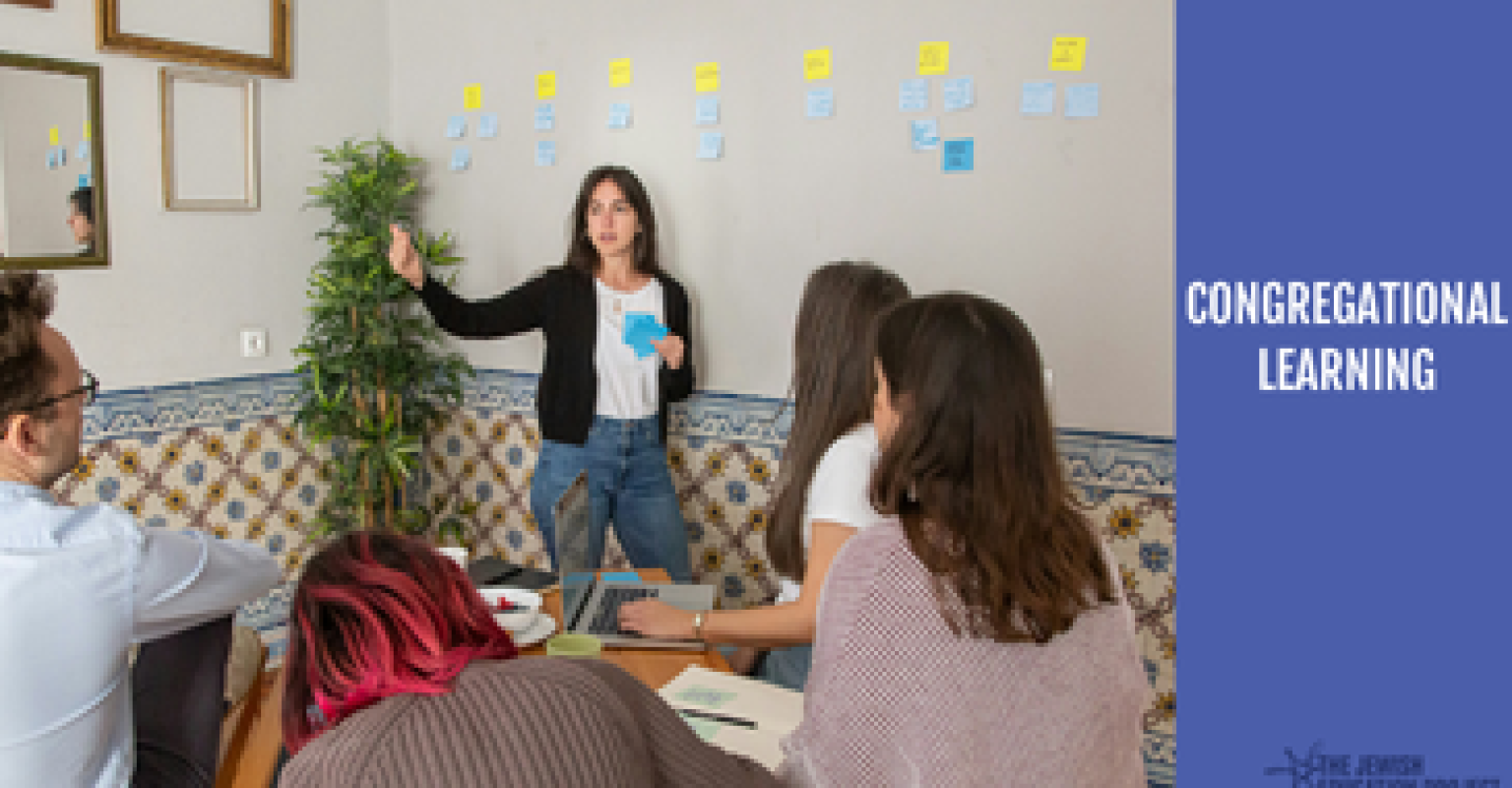 "Congregational Learning" banner. Facilitator standing and speaking with sticky notes behind them. Participants sit at a table. 