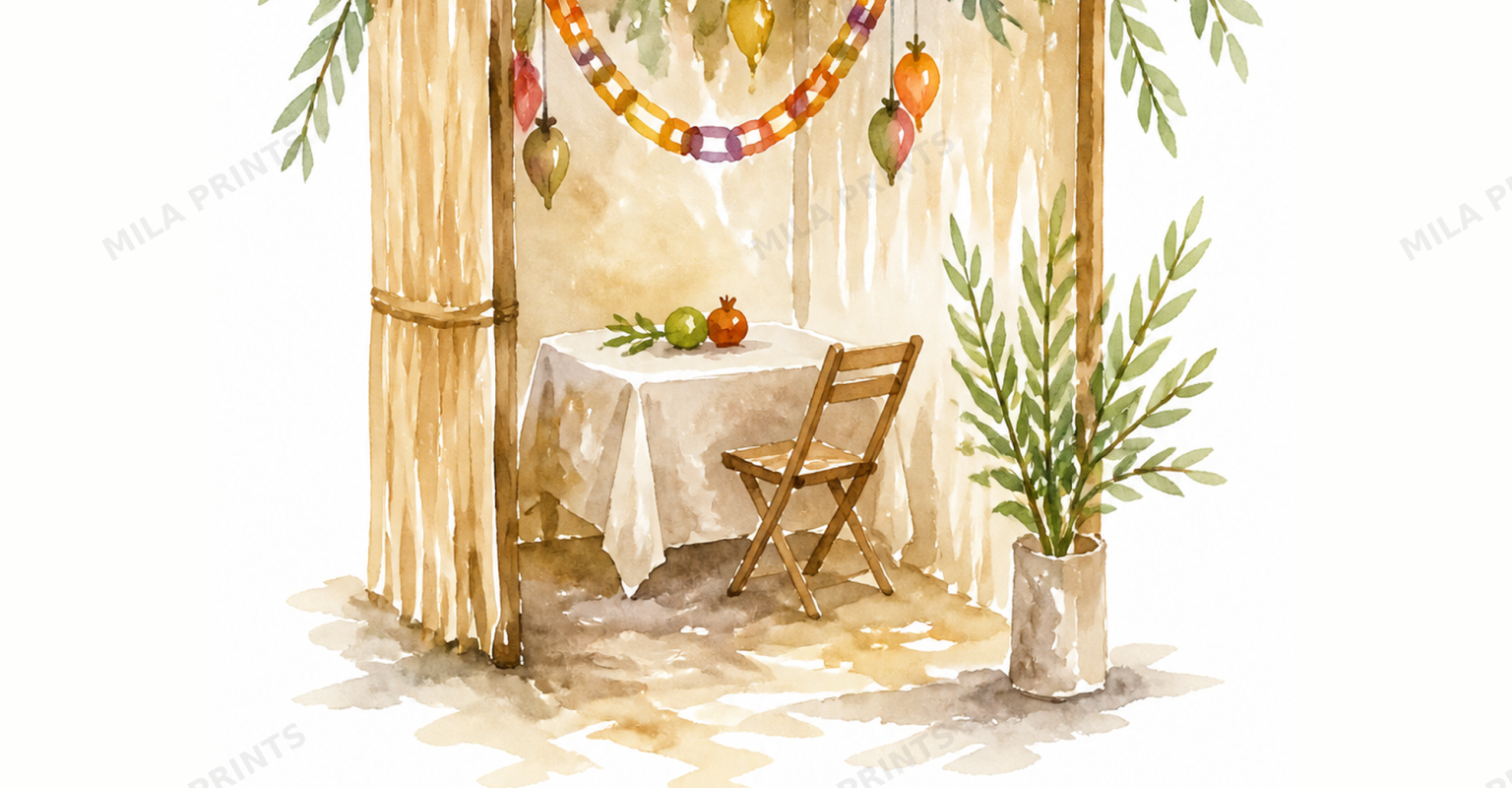 Watercolor sukkah coloring page with Hebrew and English text