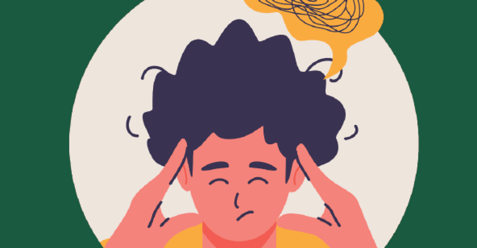 person holding his head with speech bubble indicating scattered thoughts