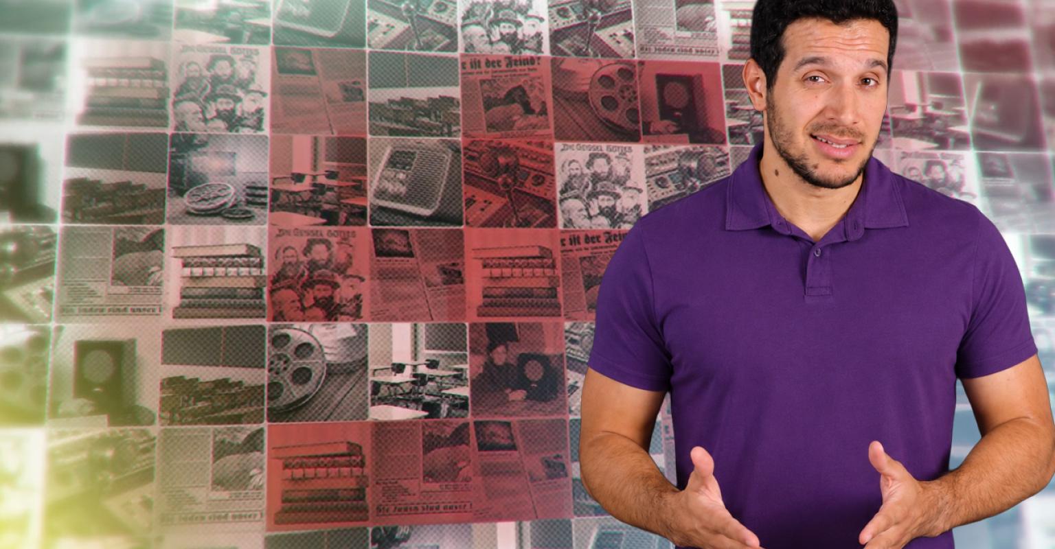 Man standing in front of news and media images