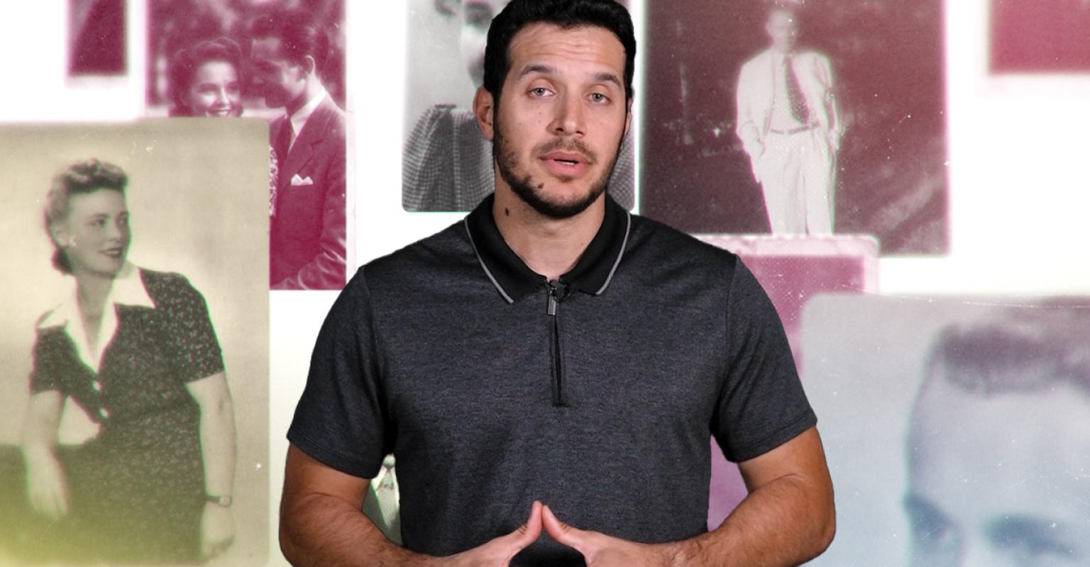 Man standing in front of photographs of individuals from the 40s