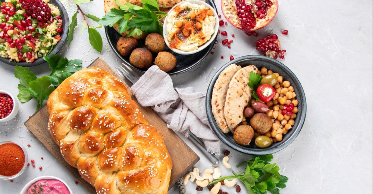 Jewish food on light background. Traditional food concept. Flat lay, top view, copy space