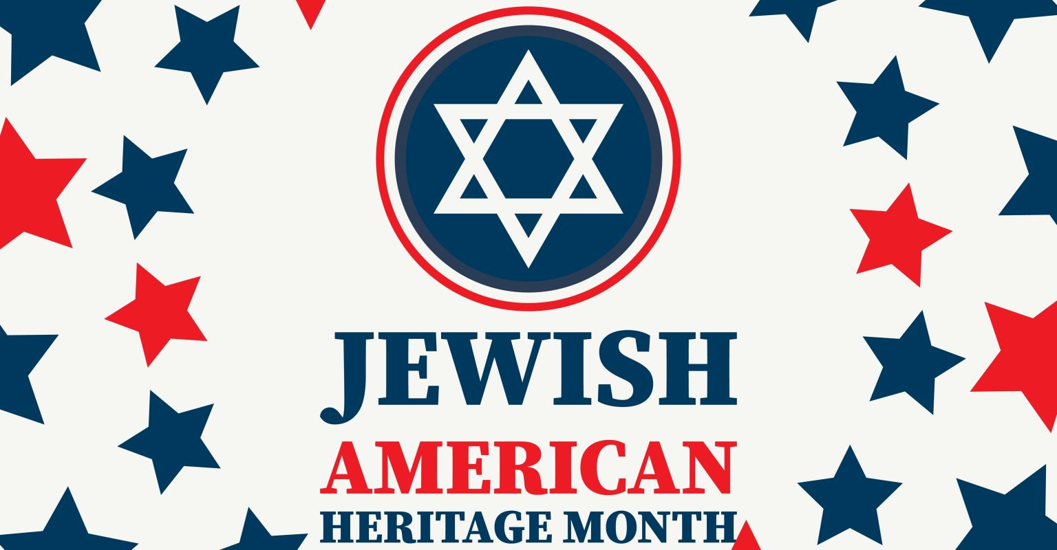 Graphic design for Jewish American Heritage Month featuring a blue Star of David inside a red and blue circular emblem at the top, with the words “Jewish American Heritage Month” in bold blue and red text below. The background is white with scattered red and blue stars.