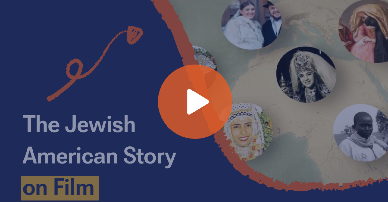Educational video thumbnail titled “The Jewish American Story on Film,” featuring illustrated portraits of Jewish communities over a world map background.